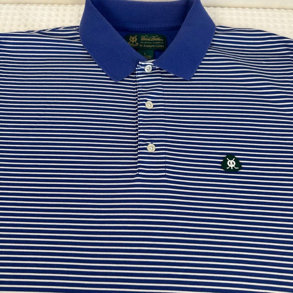 Brooks Brothers Polo Shirt Mens Large Blue White Stripes St Andrews Golf Classic